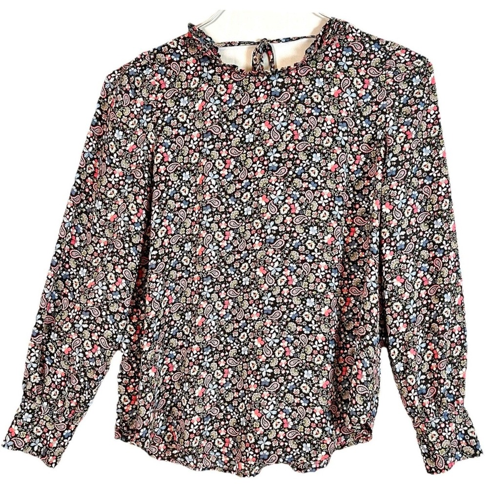 LOFT Petites Blouse Floral Print Long Sleeve Ruffle Neck Top Small SP‎